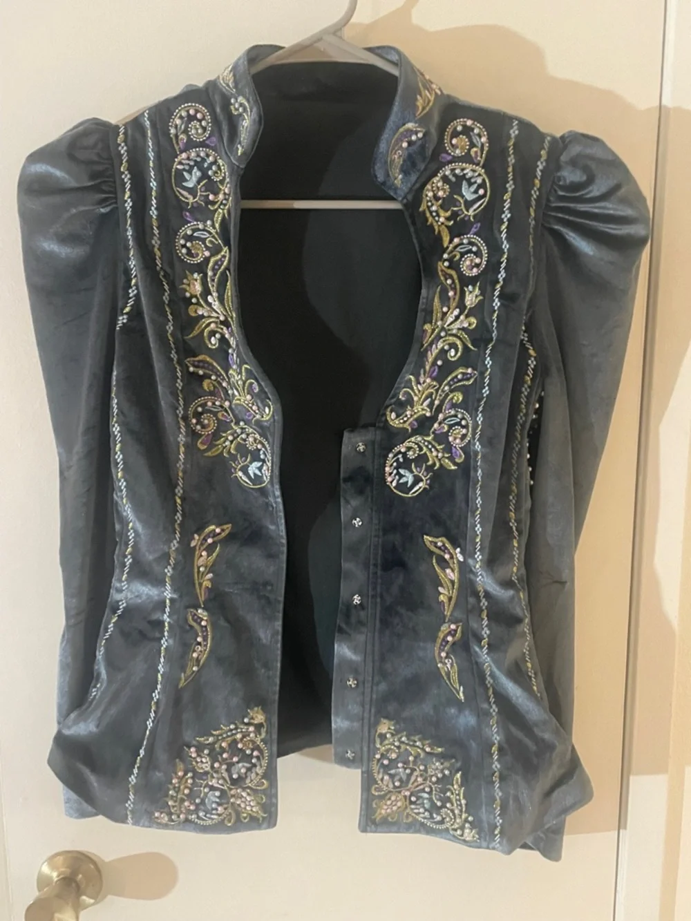 Charcoal Grey Velour Embroidered Jacket Puff Sleeve Boho Vintage Inspired  NWOT - Picture 4 of 9